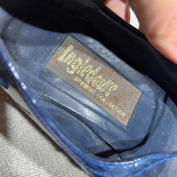 Ingledew’s Vintage Patent Leather Blue Pointed Toe Kitten Heel Spanish Heels - Picture 8 of 13